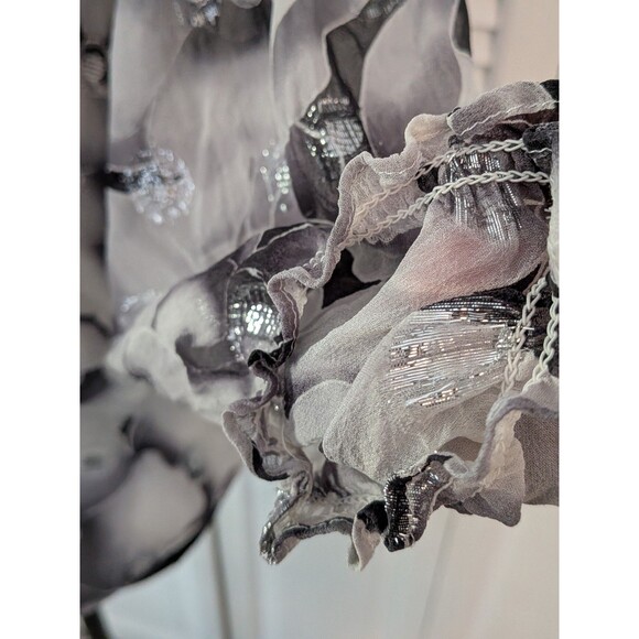 WHBM Silk Blouse Women's S Black White Silver Clip Dot Floral Ruched Romantic - Picture 6 of 13